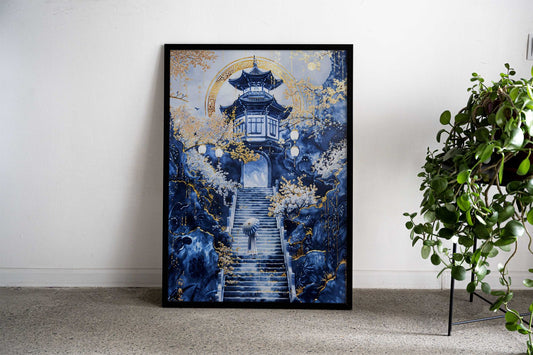 Moonlit Temple Ascent Asian Style Poster | Wall Art for Home & Office | High-Quality Print - High-Quality Visual Display