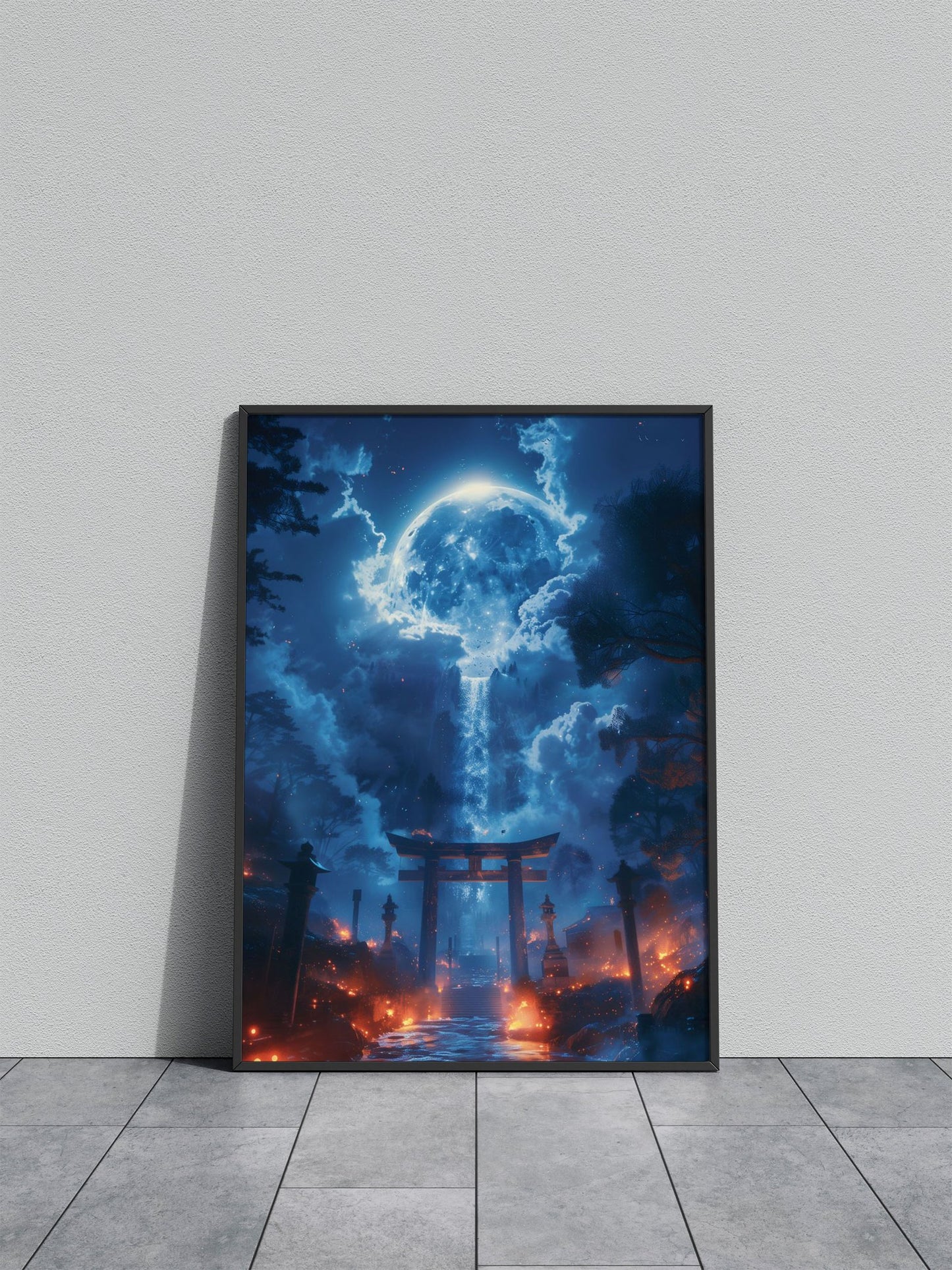 Moonlit Torii Waterfall Asian Style Poster | Wall Art for Home & Office | High-Quality Print - High-Quality Visual Display