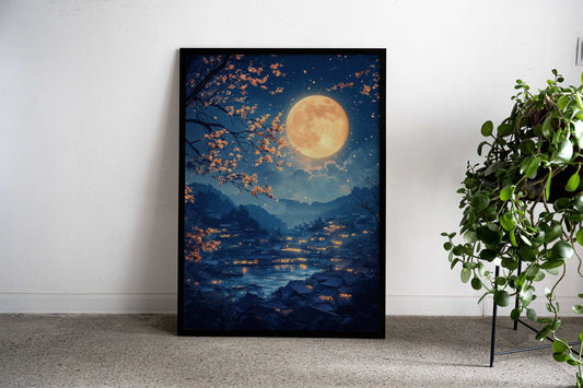Moonlit Village Landscape Asian Style Poster | Wall Art for Home & Office | High-Quality Print - High-Quality Visual Display