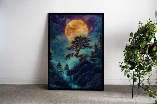 Moonlit Waterfall Bonsai tree Japan Asian Style Poster | Wall Art for Home & Office | High-Quality Print - High-Quality Visual Display