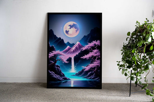Moonlit Waterfall Cherry Blossom Japan Art Asian Style Poster | Wall Art for Home & Office | High-Quality Print - High-Quality Visual Display