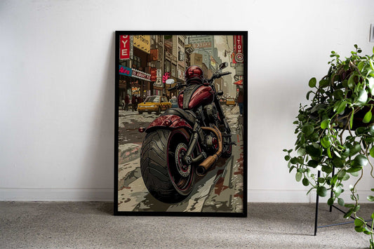 Motorcycle in Cityscape Asian Style Poster | Wall Art for Home & Office | High-Quality Print - High-Quality Visual Display