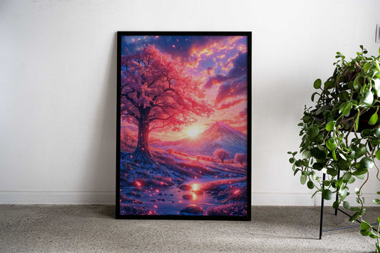 Mount Fuji Cherry Blossom Sunset Asian Style Poster | Wall Art for Home & Office | High-Quality Print - High-Quality Visual Display