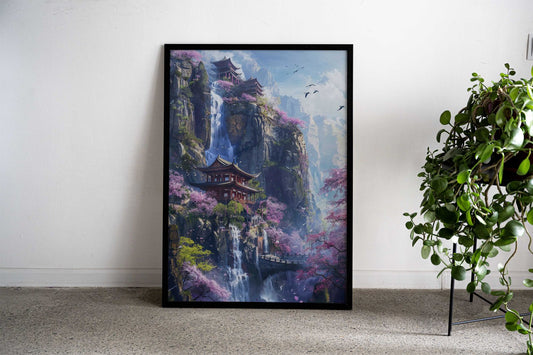 Mountain Blossom Temple Asian Style Poster | Wall Art for Home & Office | High-Quality Print - High-Quality Visual Display
