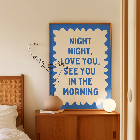 Night Night, Love You | True Blue and Cream | Wall Art Print - High-Quality Premium Wall Art Decor Sticker