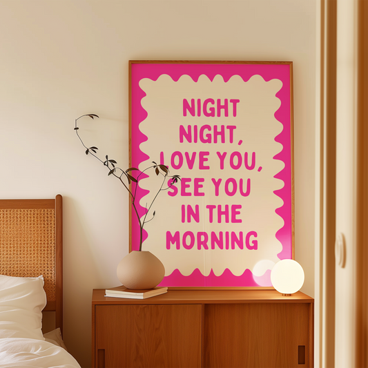 Night Night, Love You | Hot Pink and Cream | Wall Art Print - High-Quality Premium Wall Art Decor Sticker