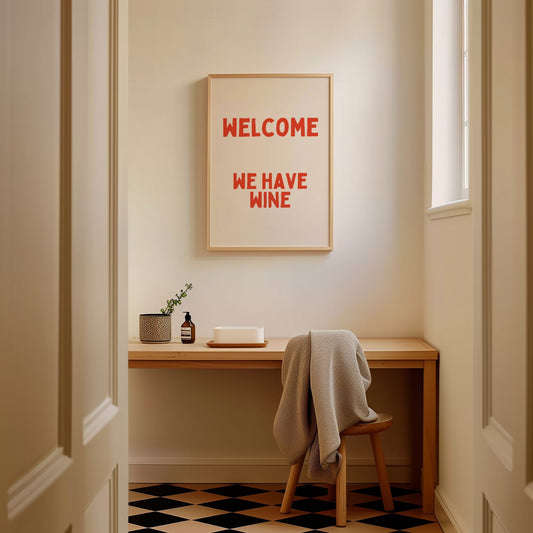 Welcome We Have Wine | Red and Cream | Art Print - High-Quality Premium Wall Art Decor Sticker