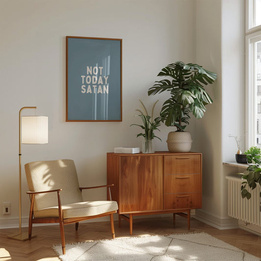 No Today Satan | Cream and Dusty Blue | Art Print - High-Quality Premium Wall Art Decor Sticker