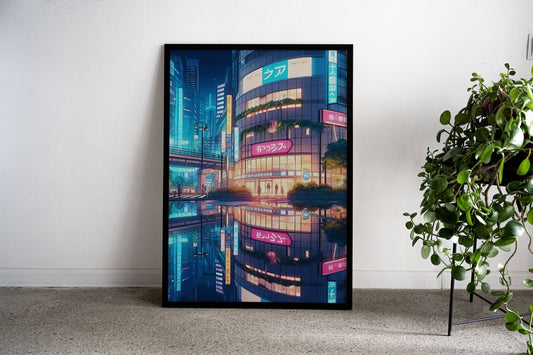 Neon Cityscape Reflection Asian Style Poster | Wall Art for Home & Office | High-Quality Print - High-Quality Visual Display