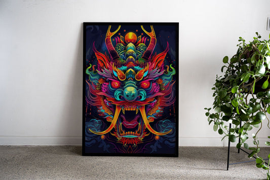 Neon Japanese Yokai Mask Asian Style Poster | Wall Art for Home & Office | High-Quality Print - High-Quality Visual Display