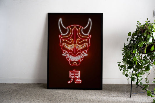 Neon Oni Red Mask Asian Style Poster | Wall A rt for Home & Office | High-Quality Print - High-Quality Visual Display