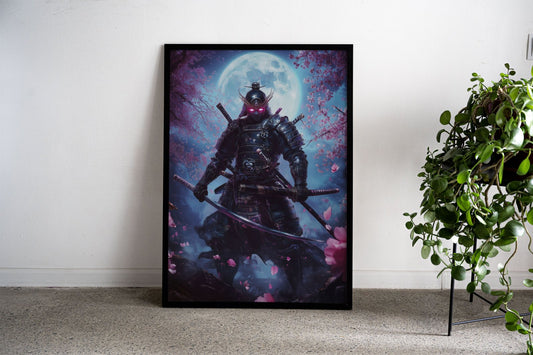 Neon Samurai Under Moon Asian Style Poster | Wall Art for Home & Office | High-Quality Print - High-Quality Visual Display