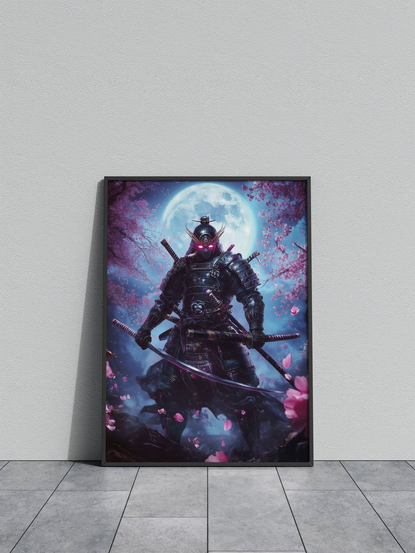 Neon Samurai Under Moon Asian Style Poster | Wall Art for Home & Office | High-Quality Print - High-Quality Visual Display