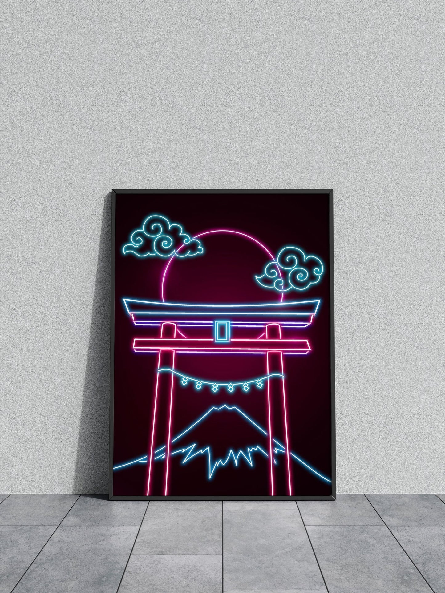 Neon Torii Gate Night Full Moon Asian Style Po ster | Wall Art for Home & Office | High-Quality Print - High-Quality Visual Display