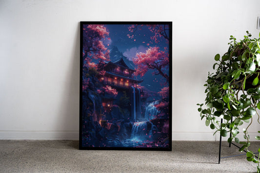 Neon Waterfall Temple Asian Style Poster | Wa ll Art for Home & Office | High-Quality Print - High-Quality Visual Display