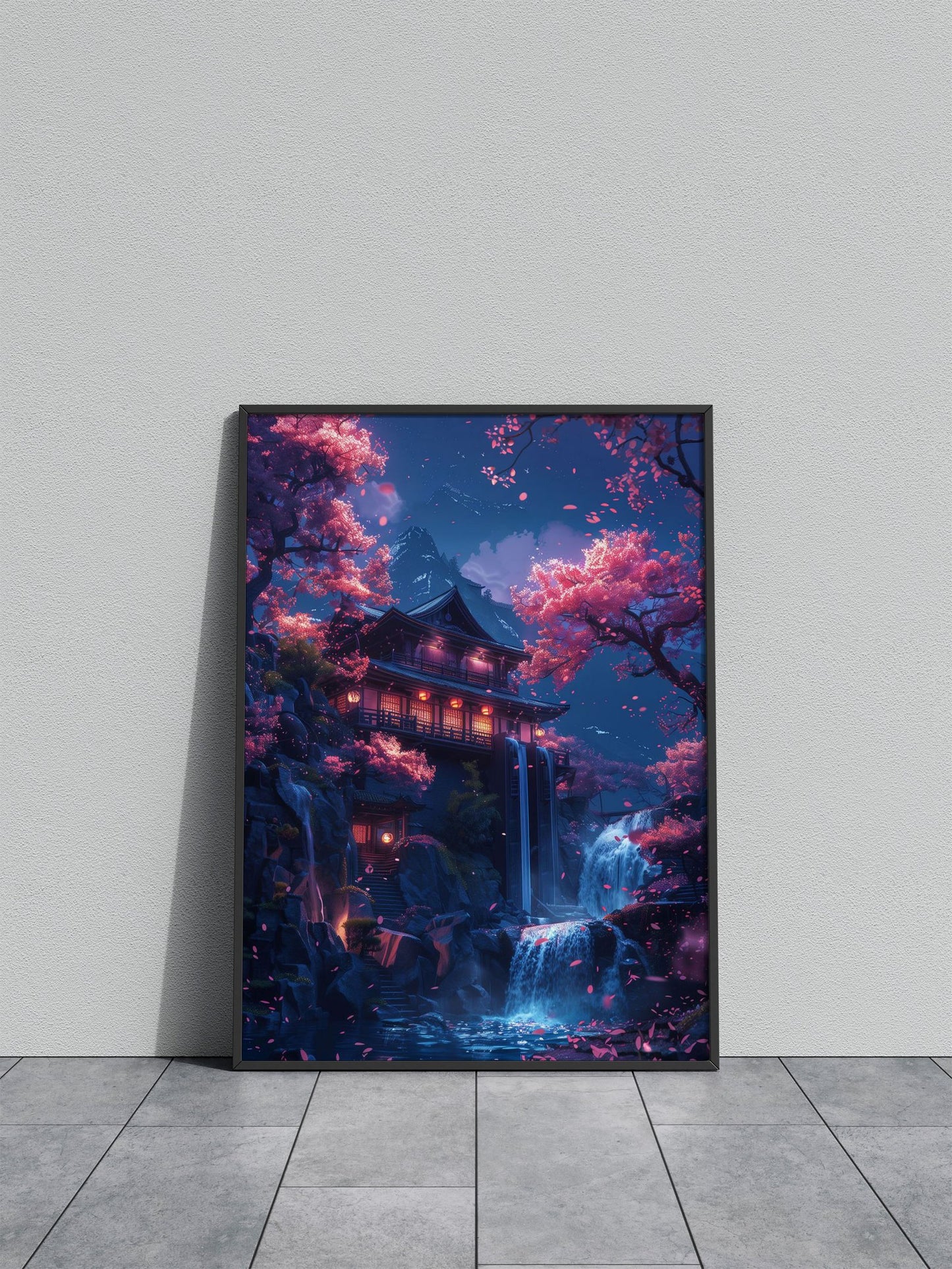 Neon Waterfall Temple Asian Style Poster | Wa ll Art for Home & Office | High-Quality Print - High-Quality Visual Display