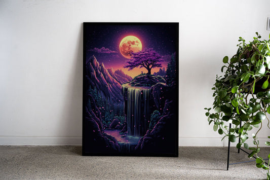 Night Waterfall with Cherry Blossom Tree Asia n Style Poster | Wall Art for Home & Office | High-Quality Print - High-Quality Visual Display