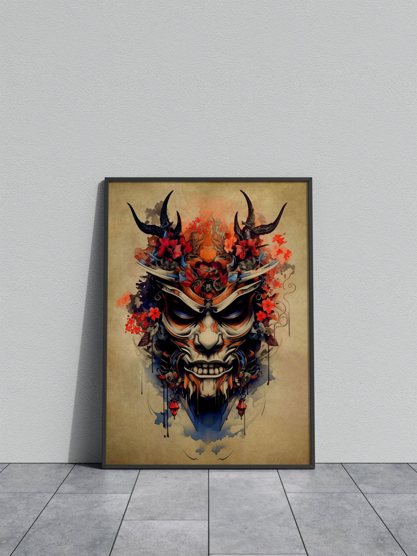 Oni Samurai Red Flower Asian Style Poster | W all Art for Home & Office | High-Quality Print