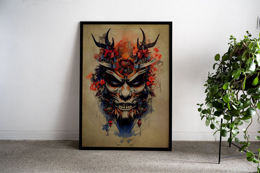 Oni Samurai Red Flower Asian Style Poster | W all Art for Home & Office | High-Quality Print