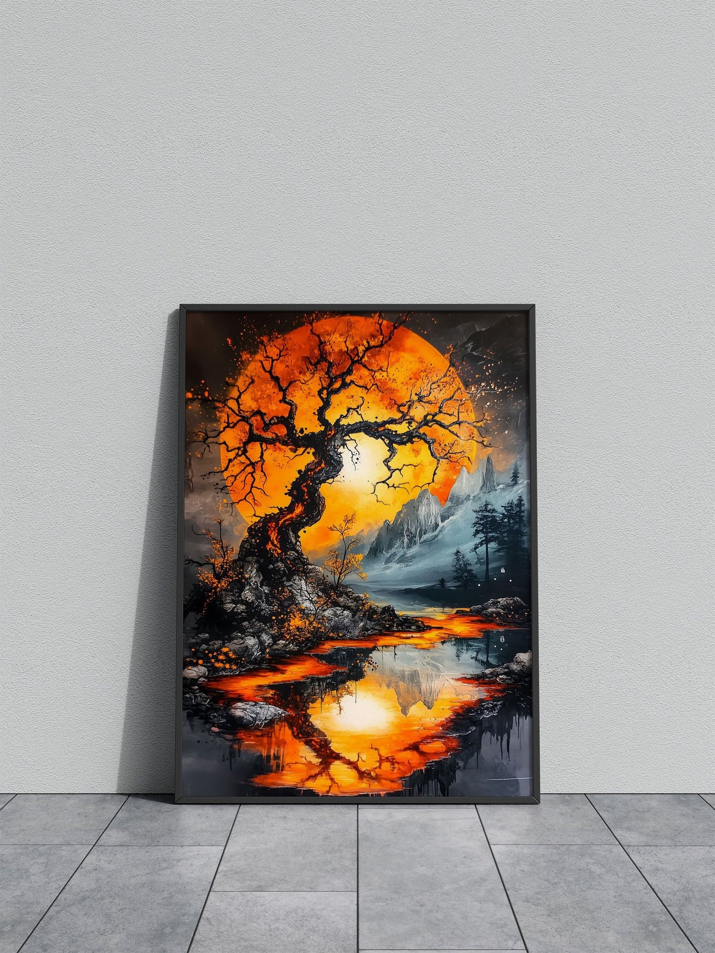 Orange Moon Landscape Asian Style Poster | Wall Art for Home & Office | High-Quality Print