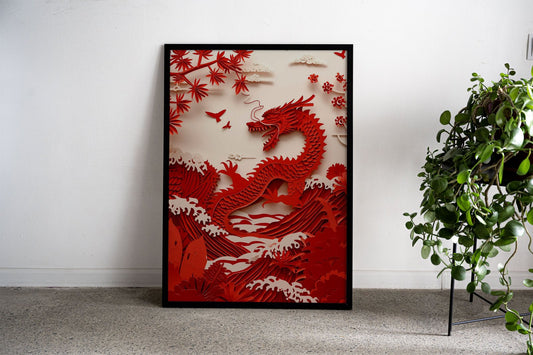 Origami red dragon Asian Style Poster | Wall A rt for Home & Office | High-Quality Print - High-Quality Premium Wall Art Decor Sticker