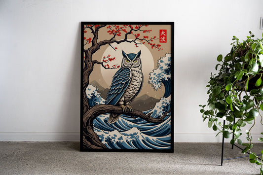 Owl Great Wave Asian Style Poster | Wall Art f or Home & Office | High-Quality Print - High-Quality Premium Wall Art Decor Sticker