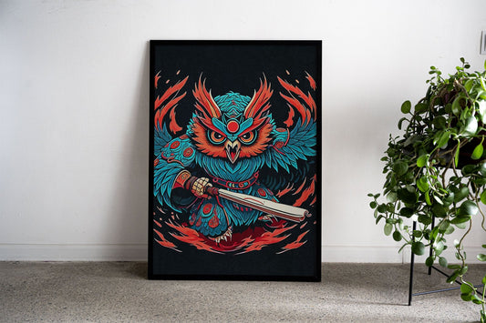 Owl Samurai Asian Style Poster | Wall Art for H ome & Office | High-Quality Print - High-Quality Premium Wall Art Decor Sticker