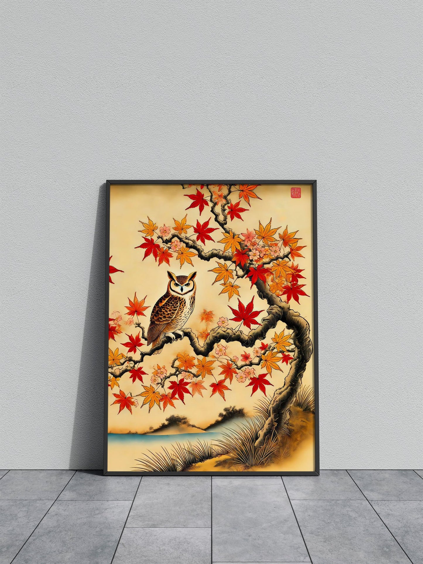 Owl in fall japanse Asian Style Poster | Wall Art for Home & Office | High-Quality Print