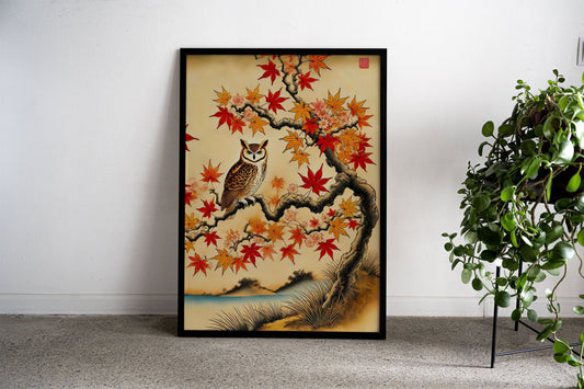 Owl in fall japanse Asian Style Poster | Wall Art for Home & Office | High-Quality Print - High-Quality Premium Wall Art Decor Sticker