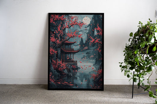 Pagoda Cherry Blossom Asian Style Poster | W all Art for Home & Office | High-Quality Print