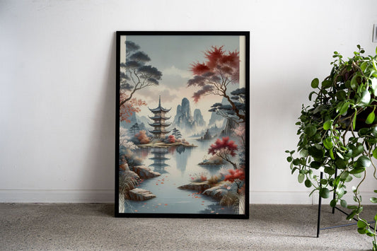 Pagoda by Misty Lake Asian Style Poster | Wall Art for Home & Office | High-Quality Print - High-Quality Premium Wall Art Decor Sticker