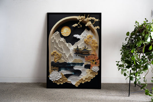 Papercut Mountain Landscape Asian Style Pos ter | Wall Art for Home & Office | High-Quality Print