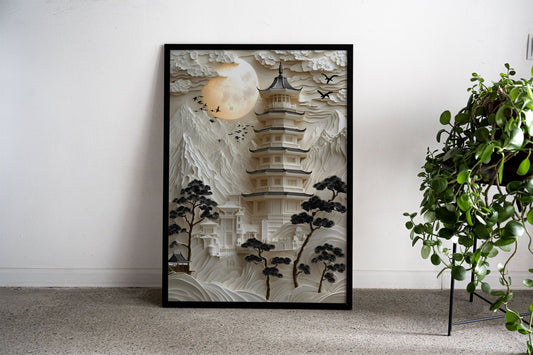 Papercut Pagoda Landscape Asian Style Poste r | Wall Art for Home & Office | High-Quality Print