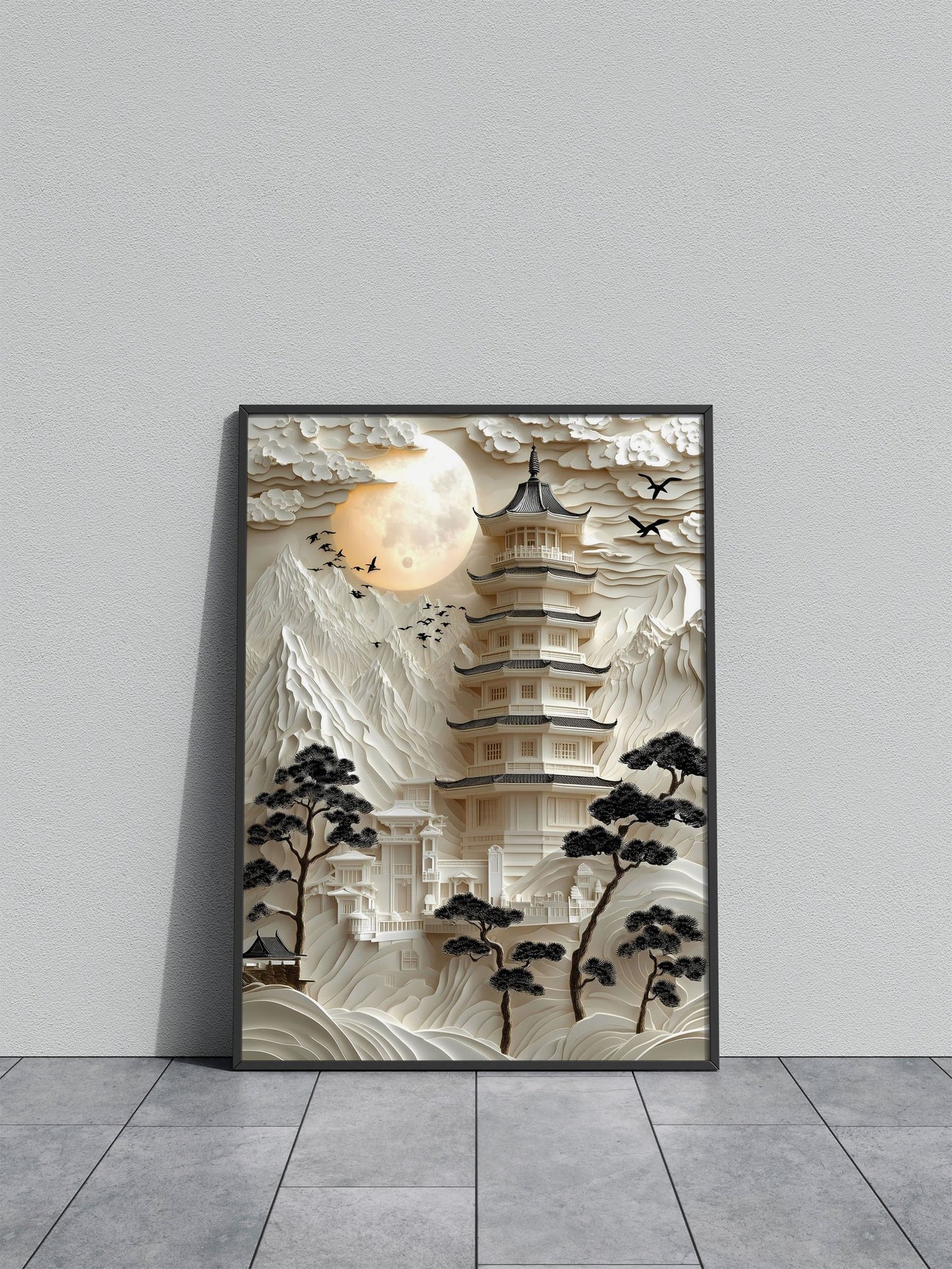 Papercut Pagoda Landscape Asian Style Poste r | Wall Art for Home & Office | High-Quality Print