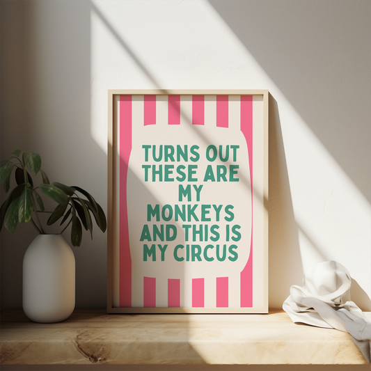 Turns Out These Are Our Monkeys | Watermelon and Cream Stripe with Vivid Teal | Art Print - High-Quality Premium Wall Art Decor Sticker