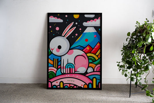 Pink Blue Rabbit Japanese Asian Style Poster | Wall Art for Home & Office | High-Quality Print