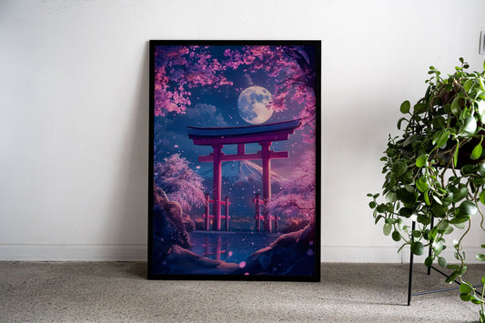Pink Flowers And lake Moon Asian Style Poste r | Wall Art for Home & Office | High-Quality Print