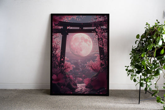 Pink Moon & Cherry Blossoms Asian Styl e Poster | Wall Art for Home & Office | High-Quality Print