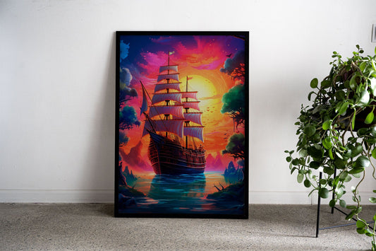 Pirate ship sunset Asian Style Poster | Wall Art for Home & Office | High-Quality Print