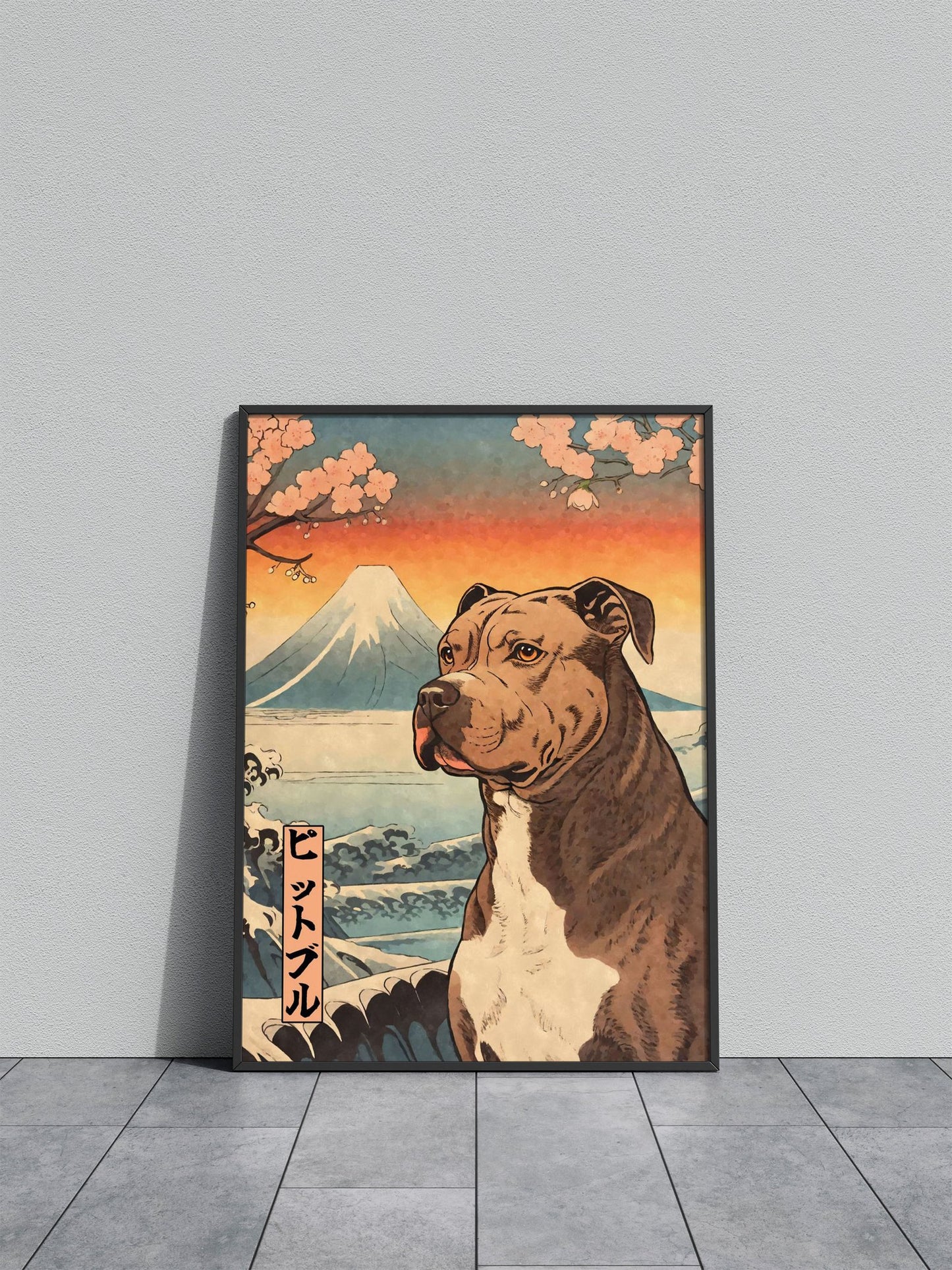 Pit Bull Terrier Woodblock Asian Style Poster | Wall Art for Home & Office | High-Quality Print