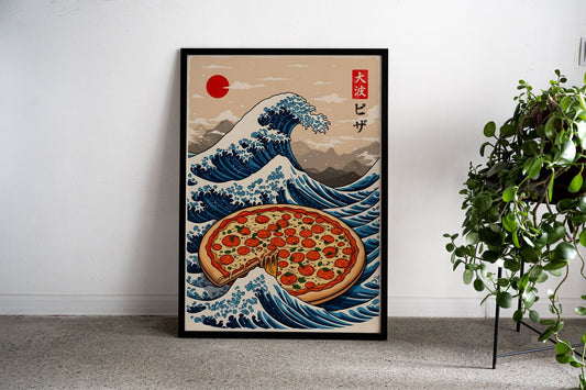 Pizza Great Wave Asian Style Poster | Wall Art for Home & Office | High-Quality Print