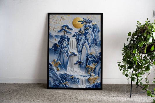 Porcelain Waterfall Temple Asian Style Poster | Wall Art for Home & Office | High-Quality Print