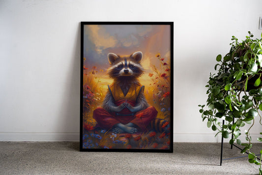 Raccoon Monk Meditate Asian Style Poster | W all Art for Home & Office | High-Quality Print
