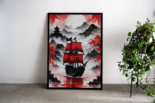 Red Black Pirate ship Asian Style Poster | Wall Art for Home & Office | High-Quality Print