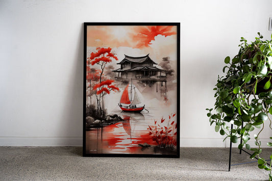 Red Boat Sunset Asian Style Poster | Wall Art for Home & Office | High-Quality Print