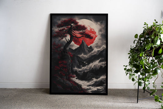 Red Bonsai Tree Asian Style Poster | Serene Unframed Wall Art Print for Home & Office Decor | Top-Quality Design | Multiple Sizes Available