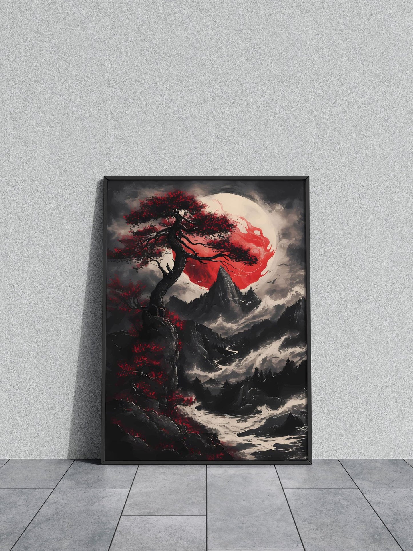Red Bonsai Tree Asian Style Poster | Serene Unframed Wall Art Print for Home & Office Decor | Top-Quality Design | Multiple Sizes Available