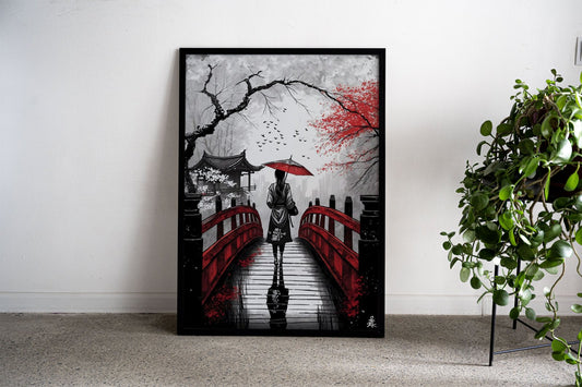 Red Bridge Girl Asian Style Poster | Wall Art for Home & Office | High-Quality Print