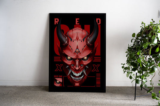 Red Cyberpunk Oni Mask Asian Style Poster | Futuristic Unframed Wall Art Print for Home & Office | Premium Quality | Multiple Sizes Available
