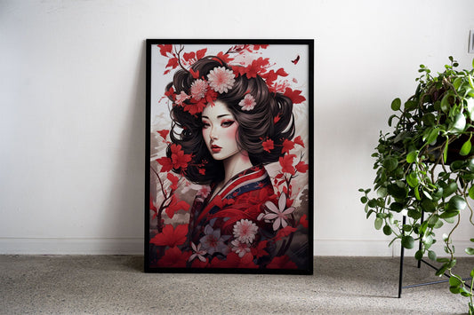Red Flower Blossom Geisha Asian Style Poster | Graceful Unframed Wall Art Print for Home & Office Decor | Premium Quality | Multiple Sizes